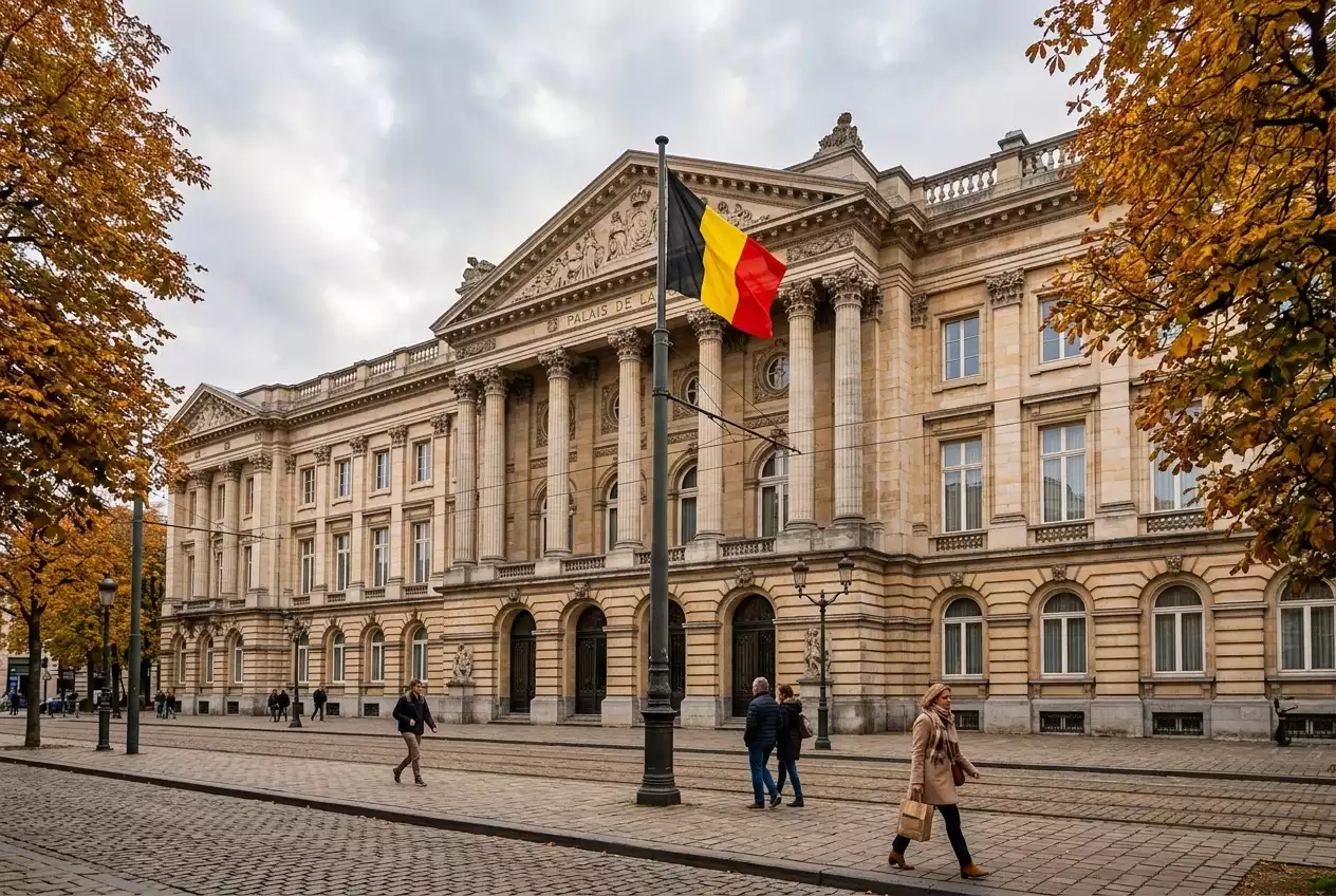 Belgisch overheidsgebouw met de Belgische vlag tegen een bewolkte hemel