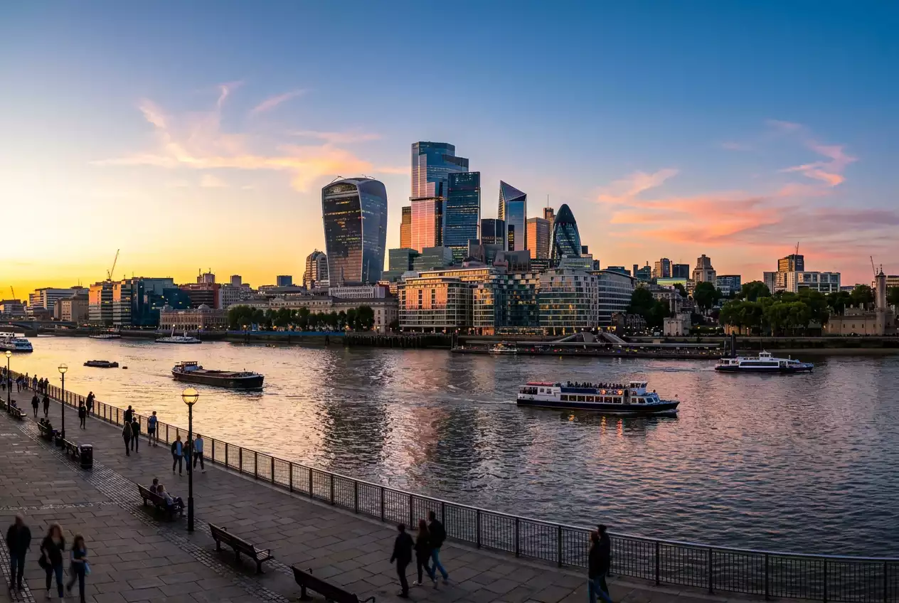 Panoramisch uitzicht over een Europese stad bij zonsondergang met moderne kantoorgebouwen