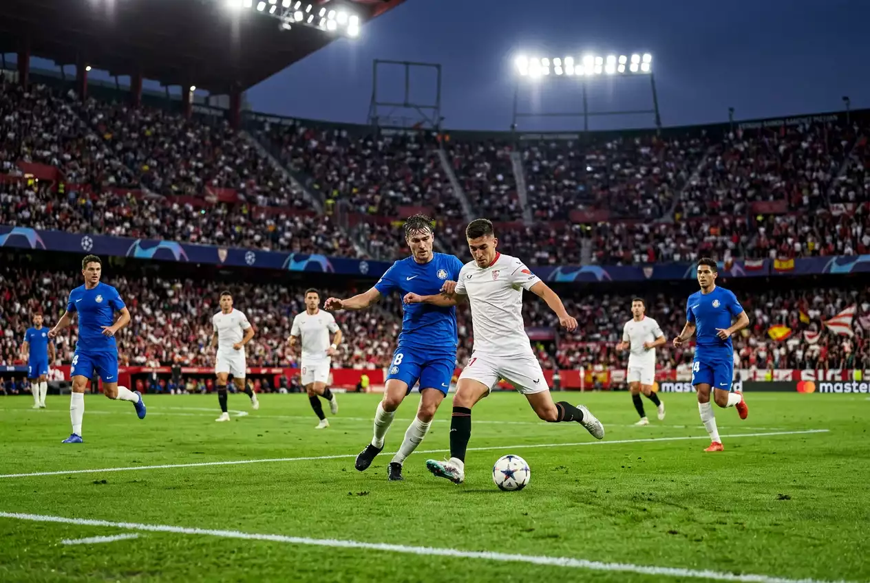 Voetbalveld met spelende voetballers tijdens een avondwedstrijd onder stadionverlichting